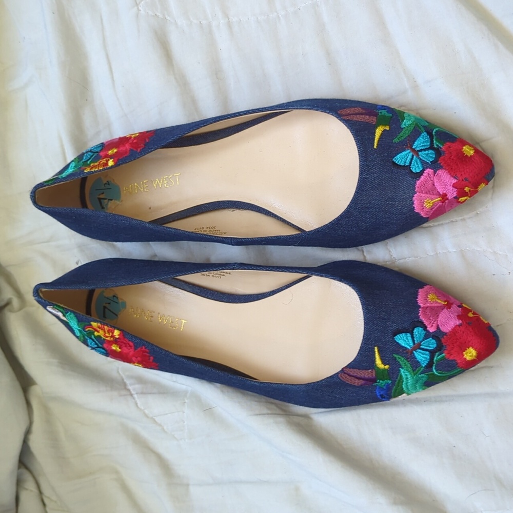 Nine West Denim Embroidered Flats